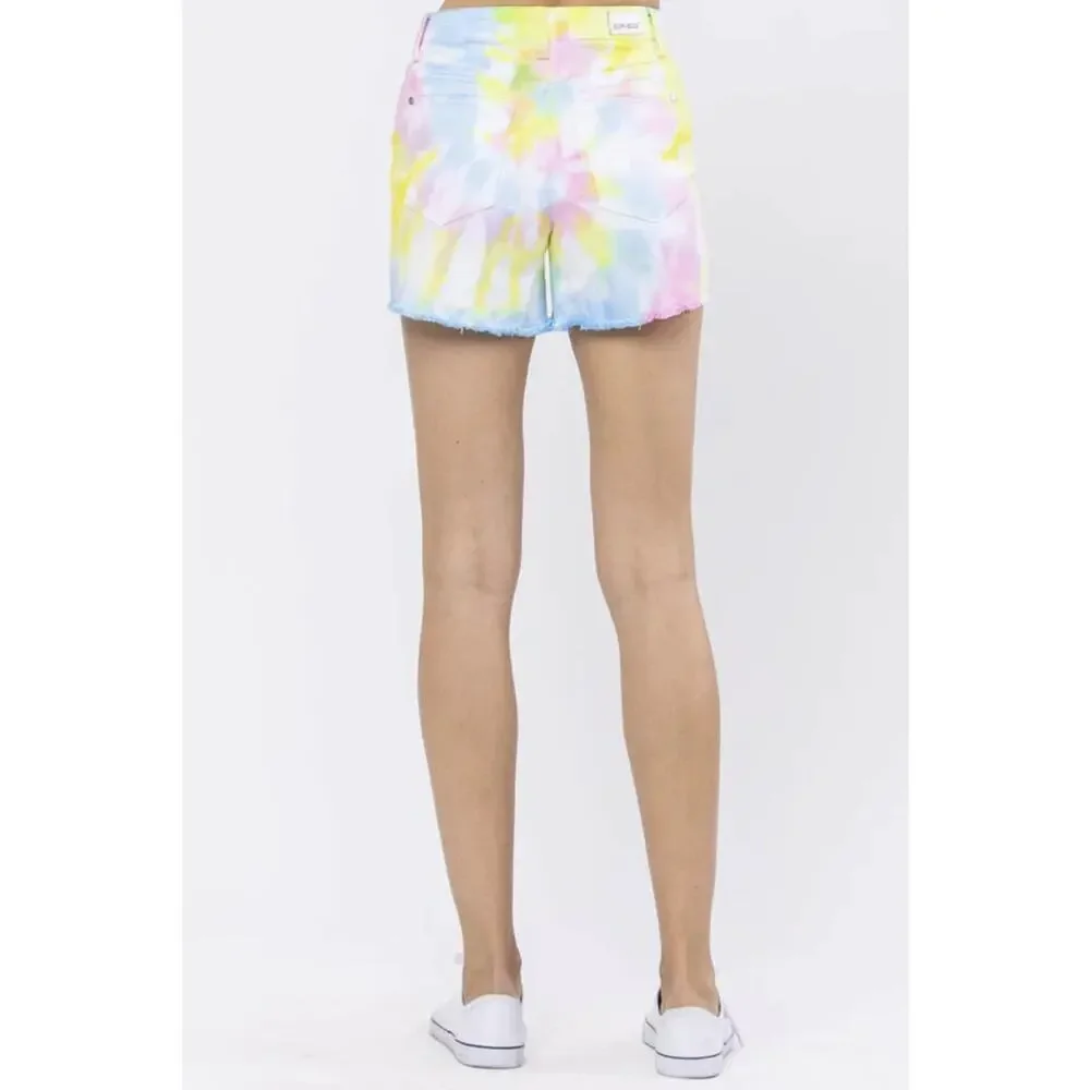 ✨2/$20 Judy Blue Swirl Tie Dye Raw Cut Off Denim Shorts Large Summer Festival - Picture 13 of 16